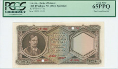 GREECE: Specimen of 1000 Drachmas (ND 1944) in dark brown on blue and brown unpt with portrait of Kolokotronis at left. Two red ovpts "SPECIMEN" over ...