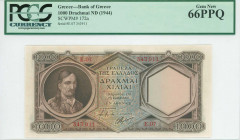 GREECE: 1000 Drachmas (ND 1944) in dark brown on blue and brown unpt with Theodoros Kolokotronis at left. Second type S/N: "E.07 343911". WMK: Miltiad...