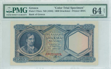 GREECE: Color trial specimen of 1000 Drachmas (ND 1944) in dark blue on multicolor with Theodoros Kolokotronis at left. Red ovpt "SPECIMEN" at bottom ...