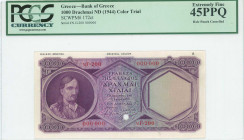 GREECE: Color trial specimen of 1000 Drachmas (ND 1944) in purple with Theodoros Kolokotronis at left. First type S/N: "ν.Γ-200 000000". Punch hole on...