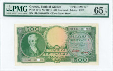 GREECE: Specimen of 500 Drachmas (ND 1945) in green with portrait of Kapodistrias at left. First type S/N: "I.H-180 000000". Two cancellation holes on...