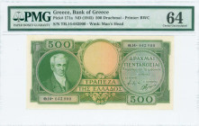 GREECE: 500 Drachmas (ND 1945) in green on light orange unpt with portrait of Kapodistrias at left. Second type S/N: "Θ.14- 234096". WMK: Ancient bust...