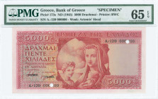 GREECE: Specimen of 5000 Drachmas (ND 1945) in red on multicolor unpt with personification of Motherhood at center. First type S/N: "A-120 000000". Bl...