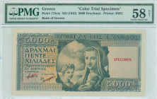 GREECE: Color trial specimen of 5000 Drachmas (ND 1945) in dark green on multicolor unpt with personification of Motherhood at center. Two red ovpts "...
