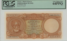 GREECE: 10000 Drachmas (ND 1945) in orange on multicolor unpt with Aristotle at left. Second type S/N: "Α.27 350756". WMK: God Apollo. Printed by BWC ...