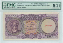 GREECE: Color trial specimen of 10000 Drachmas (ND 1945) in purple on multicolor unpt with Aristotle at left. Two red ovpts "SPECIMEN" over signatures...