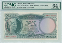 GREECE: 20000 Drachmas (ND 1946) in green on multicolor unpt with Athena at left. S/N: "K.01 150159". WMK: God Apollo. Printed by BWC (without imprint...