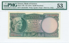 GREECE: 20000 Drachmas (ND 1947) in dark green on multicolor unpt with Athena at left. Variety: Security strip. S/N: "T.29 851949". WMK: God Apollo. P...