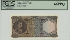 GREECE: 1000 Drachmas (9.1.1947) in dark brown on blue and orange unpt with Kolokotronis at left. S/N: "AM-7 818836". WMK: Miltiades. Printed by Bank ...