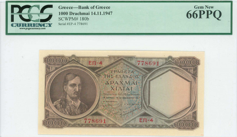 GREECE: 1000 Drachmas (14.11.1947) in dark brown on blue and orange unpt with Ko...