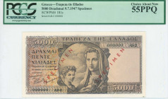 GREECE: Specimen of 5000 Drachmas (9.6.1947) in brown on multicolor unpt with personification of Motherhood at center. S/N: "000000 AB-2". Two red dia...