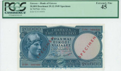 GREECE: Specimen of 20000 Drachmas (29.12.1949) in blue on multicolor unpt with Goddess Athena at left. S/N: "Z.04 000000". Two red diagonal ovpts "SP...
