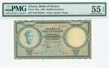 GREECE: 50000 Drachmas (1.12.1950) in deep green and green on orange and blue unpt with personification of Health at left. S/N: "E.08 368225". WMK: Go...