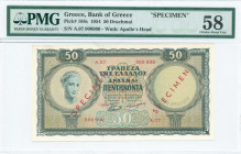 GREECE: Specimen of 50 Drachmas (15.1.1954) in dark green and green on orange and blue unpt with Health at left. Two diagonal red ovpts "SPECIMEN" at ...