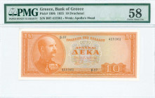 GREECE: 10 Drachmas (1.3.1955) in orange on blue unpt with King George I at left. S/N: "β.07 415561". WMK: God Apollo. Printed by Bank of Greece. Insi...