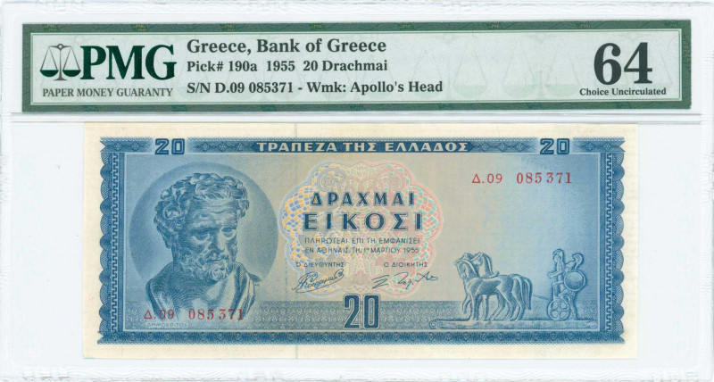 GREECE: 20 Drachmas (1.3.1955) in blue on light green and light orange with Demo...