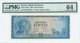 GREECE: 20 Drachmas (1.3.1955) in blue on light green and light orange with Demokritos at left. S/N: "Δ.09 085371". WMK: God Apollo. Printed by Bank o...