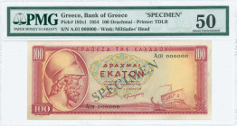 GREECE: Specimen of 100 Drachmas (31.3.1954) in red on yellow and green unpt with Themistocles at left. Black diagonal ovpt "SPECIMEN" at center both ...