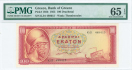 GREECE: 100 Drachmas (1.7.1955) in red on yellow and green unpt with Themistocles at left. S/N: "K.01 488015". WMK: General Miltiades. Printed by Bank...