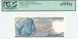 GREECE: Specimen of 50 Drachmas (1.10.1964) in blue and purple on multicolor unpt with Arethusa at left. S/N: "00A 000000". Red diagonal ovpt "SPECIME...