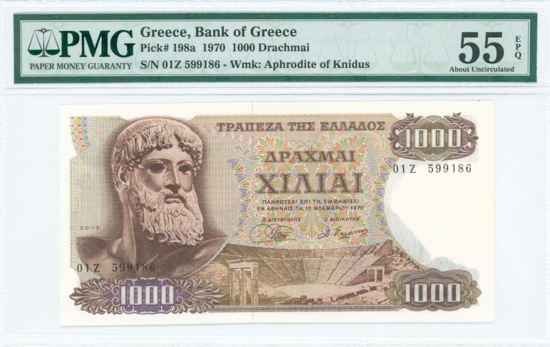 GREECE: 1000 Drachmas (1.11.1970) in brown on multicolor unpt with Zeus at left....