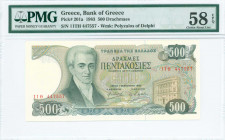 GREECE: 500 Drachmas (1.2.1983) in dark green on multicolor unpt with Ioannis Kapodistrias at left. S/N: "11Θ 447557". WMK: The Charioteer from Delphi...