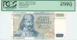 GREECE: 5000 Drachmas (1.6.1997) in dark blue on multicolor unpt with Theodoros Kolokotronis at left. S/N: "06Φ 288527". WMK: Philip the second and la...