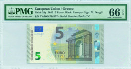 GREECE: 5 Euro (2013) in gray and multicolor with gate in classical architecture at right. S/N: "YA1004794127". Printing press and plate "Y001F6". Sig...