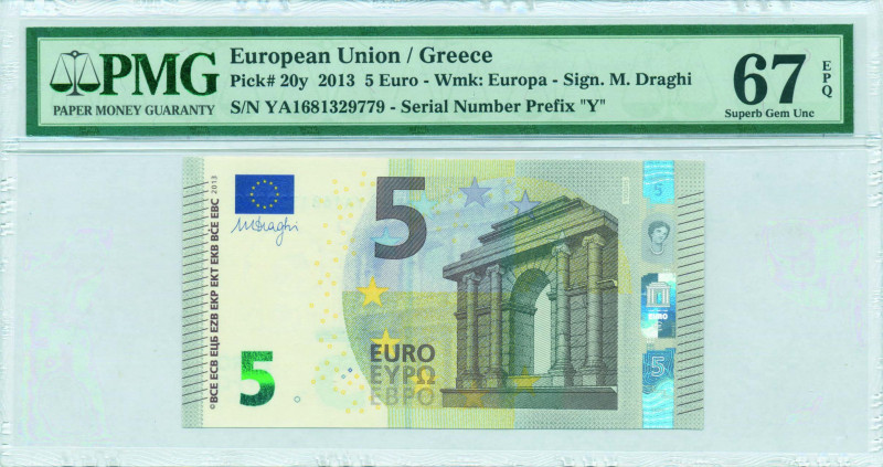 GREECE: 5 Euro (2013) in gray and multicolor with gate in classical architecture...