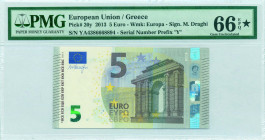 GREECE: 5 Euro (2013) in gray and multicolor with gate in classical architecture at right. S/N: "YA4386668894". Printing press and plate "Y005I6". Sig...