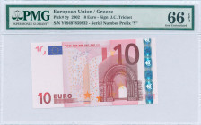 GREECE: 10 Euro (2002) in red and multicolor with gate in romanesque period. S/N: "Y09497859832". Printing press and plate "N010F4". Signature by Tric...