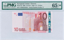 GREECE: 10 Euro (2002) in red and multicolor with gate in romanesque period. S/N: "Y10385553331". Printing press and plate "N011G1". Signature by Tric...