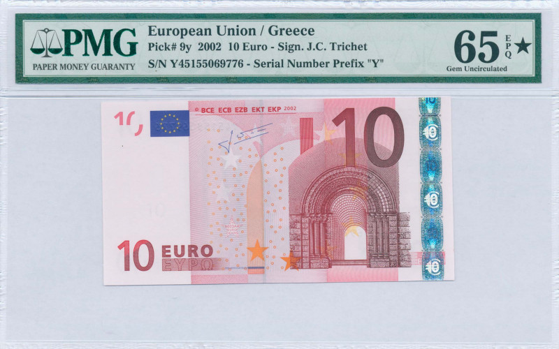 GREECE: 10 Euro (2002) in red and multicolor with gate in romanesque period. S/N...