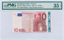 GREECE: 10 Euro (2002) in red and multicolor with gate in romanesque period. S/N: "Y67277352673". Printing press and plate "N026F4". Signature by Tric...