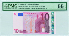 GREECE: 10 Euro (2002) in red and multicolor with gate in romanesque period. S/N: "Y24873946867". Printing press and plate "N037H6". Signature by Drag...