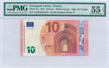 GREECE: 10 Euro (2014) in red and multicolor with gate in romanesque period. S/N: "YA2335345442". Printing press and plate "Y003E1". Signature by Drag...