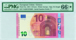 GREECE: 10 Euro (2014) in red and multicolor with gate in romanesque period. S/N: "YA5851379465". Printing press and plate "Y009D4". Signature by Drag...