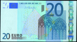 GREECE: 20 Euro (2002) in blue and multicolor with gate in gothic architecture. S/N: "Y05510448973". Printing press and plate "N007D5". Signature by D...