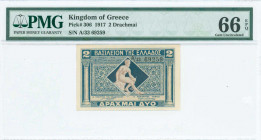GREECE: 2 Drachmas (ND 1922) in dark blue and light blue with Hermes seated at center. S/N: "A/33 69259". Printed by Aspiotis. Inside holder by PMG "G...