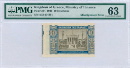 GREECE: 10 Drachmas (6.4.1940) in blue on green and light brown unpt with Demeter at left. S/N: "A33 604391". Printing error: Misalignment Error. WMK:...