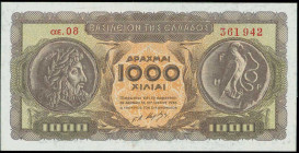 GREECE: 1000 Drachmas (10.7.1950) in brown on green and orange unpt with ancient coins at left and right. S/N: "αε.08 361942". WMK: "ΒΑΣΙΛΕΙΟΝ ΤΗΣ ΕΛΛ...
