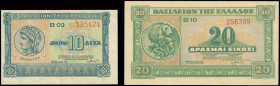 GREECE: Set of 10 Drachmas (6.4.1940) with Goddess Demeter and 20 Drachmas with God Poseidon. Printed by G&D. (Hellas 230+231) & (Pick 314+315). About...