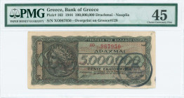 GREECE: 100 million Drachmas (19.9.1944) with red ovpt on back of 5 million Drachmas (Hellas #153) banknote, provisional treasury note issued by Bank ...