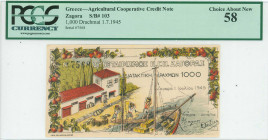 GREECE: 1000 Drachmas (1.7.1945) Zagoras payment order in multicolor. Uniface. Never issued. Large S/N: "7568". Printed in Volos. Inside holder by PCG...