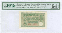 GREECE: 50 Reichspfennig (ND 1941) in green with eagle with swastika at bottom left, German treasury notes issued for occupied teritories. S/N: "254-3...