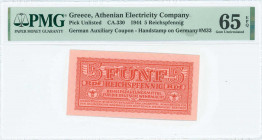 GREECE: 5 Reichspfennig (ND 1944) in red with eagle with small swastika in unpt at center. Wermacht notes of German armed forces. Uniface. Printed in ...