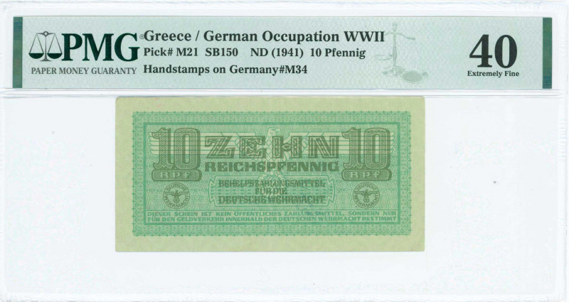 GREECE: 10 Reichpfennig (ND 1944) in light green with eagle with small swastika ...