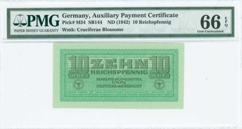 GREECE: 10 Reichspfennig (ND 1942) in light green with eagle with small swastika...