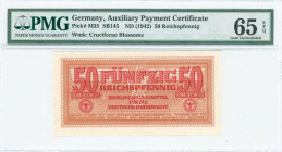 GREECE: 50 Reichspfennig (ND 1942) in dark red on orange unpt with eagle with small swastika in unpt at center. Wermacht notes of German armed forces....