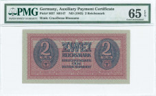 GREECE: 2 Reichsmark (ND 1942) in dark blue on lilac unpt with eagle with small swastika in unpt at center. Wermacht notes of German armed forces. Uni...